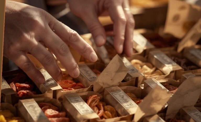 Hands packing a small trial shipment of dried fruit