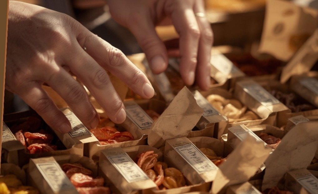 Hands packing a small trial shipment of dried fruit