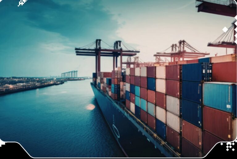 Container ship loaded with shipping containers at a port
