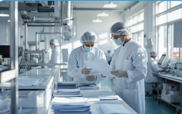 Food safety management team reviewing documentation in a clean factory
