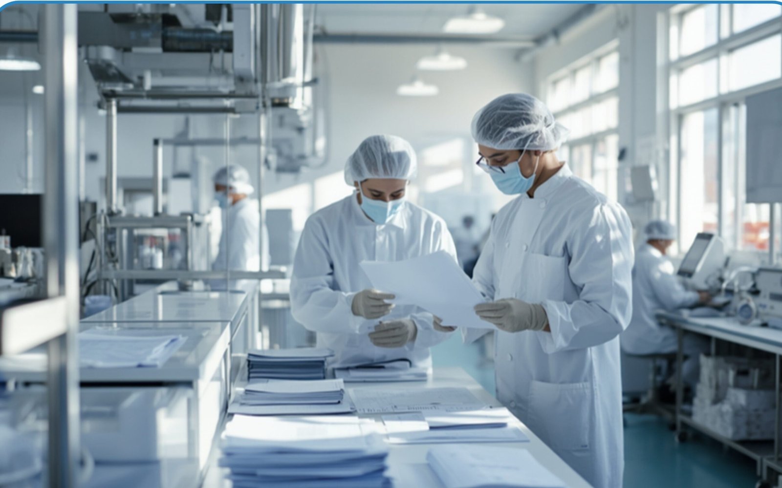 Food safety management team reviewing documentation in a clean factory