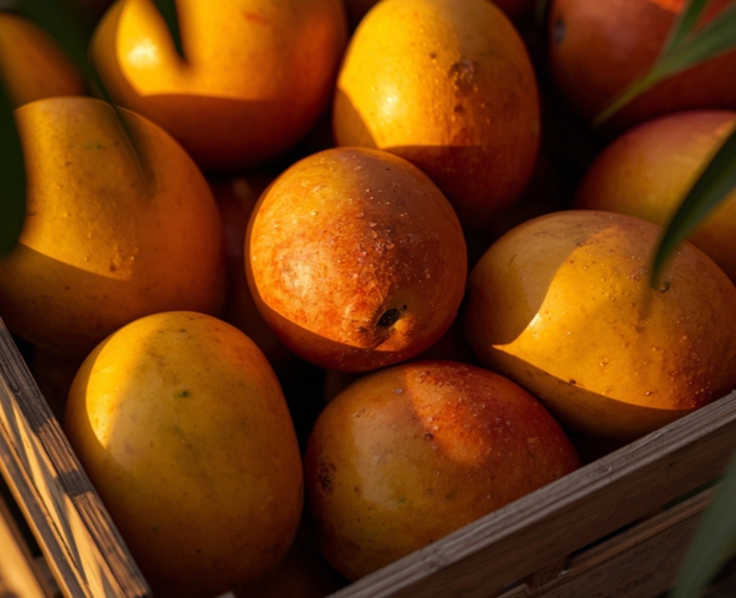 Fresh Vietnamese mangoes in a harvest crate